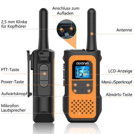 AWANFI Walkie Talkie Rechargeable with Li-ion Battery, Walkie Talkie Children Adults, Long Range Radio, 16 Channels Walky Talky, VOX and Type C Charging Cable for Biking Camping Hiking