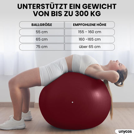 unycos - Exercise Ball 75 cm Seat Ball Training Ball for Yoga, Fitness, Medicine Ball, Balance Ball, Core Training Strength, Pilates Ball | Includes Pump, BPA-Free, Anti-Burst (Dark Pink with Logo)