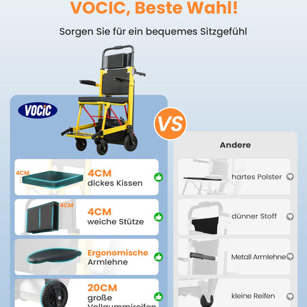 VOCIC AY04 Electric Stair Climber Wheelchair Foldable up to 220KG with Rubber Track, Electric Stair Assistance Wheelchairs, Stair Lift Medical Stretcher with LED Light for Seniors, Yellow