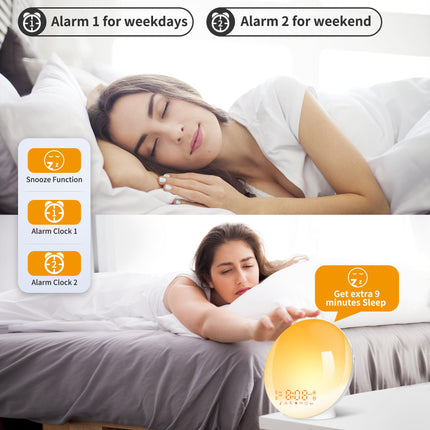 Daylight alarm clock light alarm clock wake up light sunrise sunset simulation alarm clock radio 7 nature sounds 2 alarms snooze 11 colored light 20 brightness bedside lamp adults (yellow)