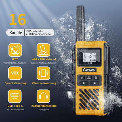 Gaswei G1pro High-Performance Long-Range Walkie Talkies for Adults, Rechargeable Emergency Two-Way Radios, 16-Channel Walkie Talkie with Lithium-Ion Battery, IP67 Waterproof (2 Pack)