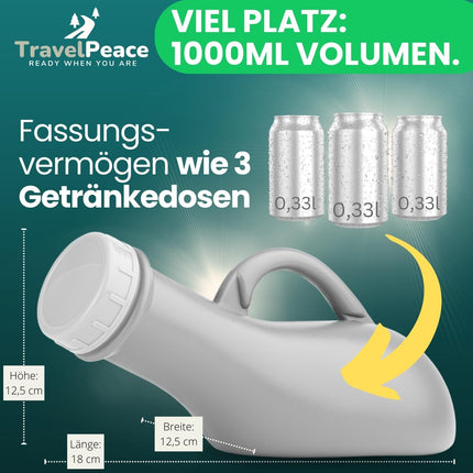 TRAVELPEACE® - Urinal Bottle - 3-in-1 Complete Set - with Comfort Hygiene Brush - incl. Privacy Bag - Urinal for Women and Men