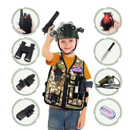 KalaDuck Military Costume Kids, 12 Pieces Military Equipment Toy with Airsoft Tactical Helmet, Military Vest, Walkie-Talkie, Role Play Halloween Army Soldier Camouflage Suit for Boys Girls