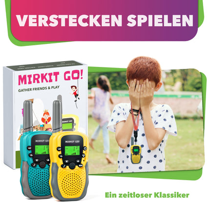 Mirkit Go 2 x Kids Walkie Talkies & 4 Games: Scavenger Hunt, Capture the Flag, Police, Hide and Seek! Outdoor Games for Kids + Free Handcuffs