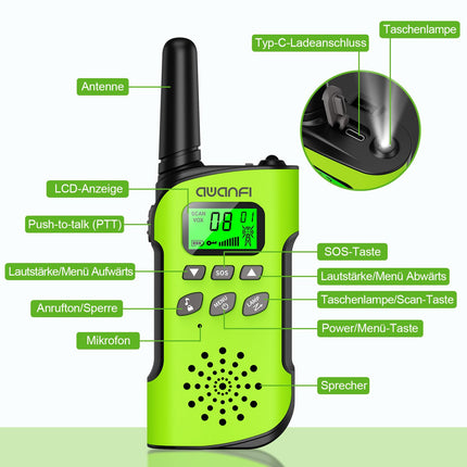 AWANFI Walkie Talkie Kids, Walkie Talkie Rechargeable Li-ion Battery, Two-Way Radio Set, Walkie Talkie VOX, LCD Flashlight, Key Lock, Walkie Talkie for Gift Camping Adventure, 3-12 Years