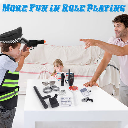 deAO Police Costume Kids Toy with Police Equipment Police Hat Vest Sunglasses Walkie Talkie Police Toy Role Play Set for Halloween