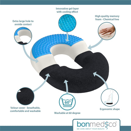 bonmedico orthopedic seat cushion - office chair, car, wheelchair seat ring - cooling gel layer - comfortable hemorrhoid & coccyx cushion - secret Santa gift - wellness black large
