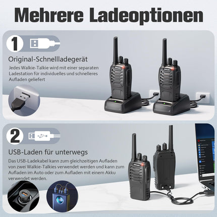 JUCJET 88E Walkie Talkie, License-Free PMR446 16-Channel Two-Way Radio, Handheld Radio with Built-in LED Flashlight, 2-in-1 Type-C Charging Cable with USB Charging Station and Headset (Black, 2 Pack)
