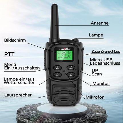 MaxTalker MT10 Walkie Talkie Rechargeable for Adults and Children, 1200mAh Li-Ion Battery, USB-C Cable, LED Flashlight, VOX Radios for Hiking and Camping, Set of 4