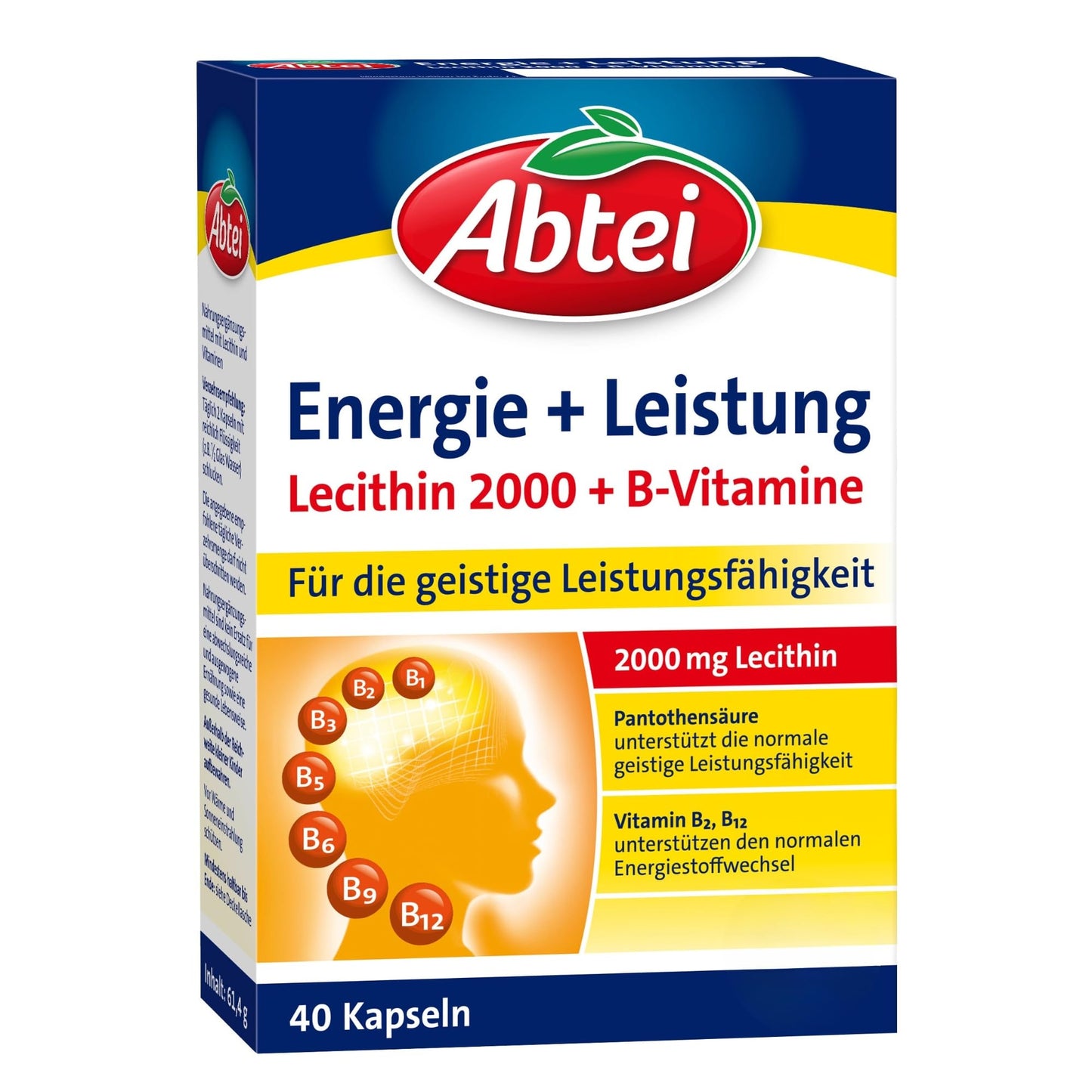 Abtei Energie + Leistung – 2000 mg Lecithin + 7 B-Vitamine - hochdosiert - Nahrungsergänzung für Konzentration und die geistige Leistungsfähigkeit - 1 x 40 Kapseln