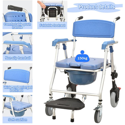 Foldable toilet chair for seniors, shower chair with wheels and toilet, for sick, elderly, disabled and pregnant women, load capacity up to 150 kg