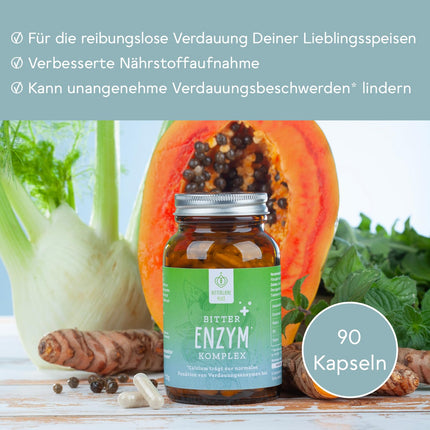 BitterLiebe Bitter Enzyme* Complex Capsules with 5 digestive enzymes - against flatulence - with papain, lactase, alpha-amylase, lipase, and protease - Monthly pack