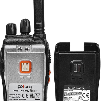 Pofung PT88E Walkie Talkie PMR446 License-Free Two-Way Radio, 16-Channel Long Range Walkie Talkies with Charging Cradle and Earpieces (Black, 3-Pack)