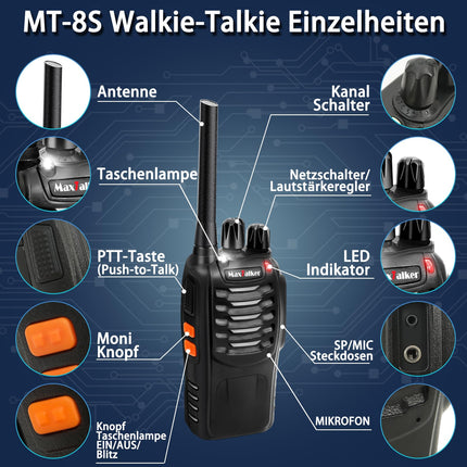 MaxTalker MT-8S Walkie Talkie Rechargeable for Adults and Children, License-Free PMR446 Radio, 16-Channel Radio Reception, with Headset and 1500mAh Lithium-Ion Battery with Type-C Connector, Set of 2