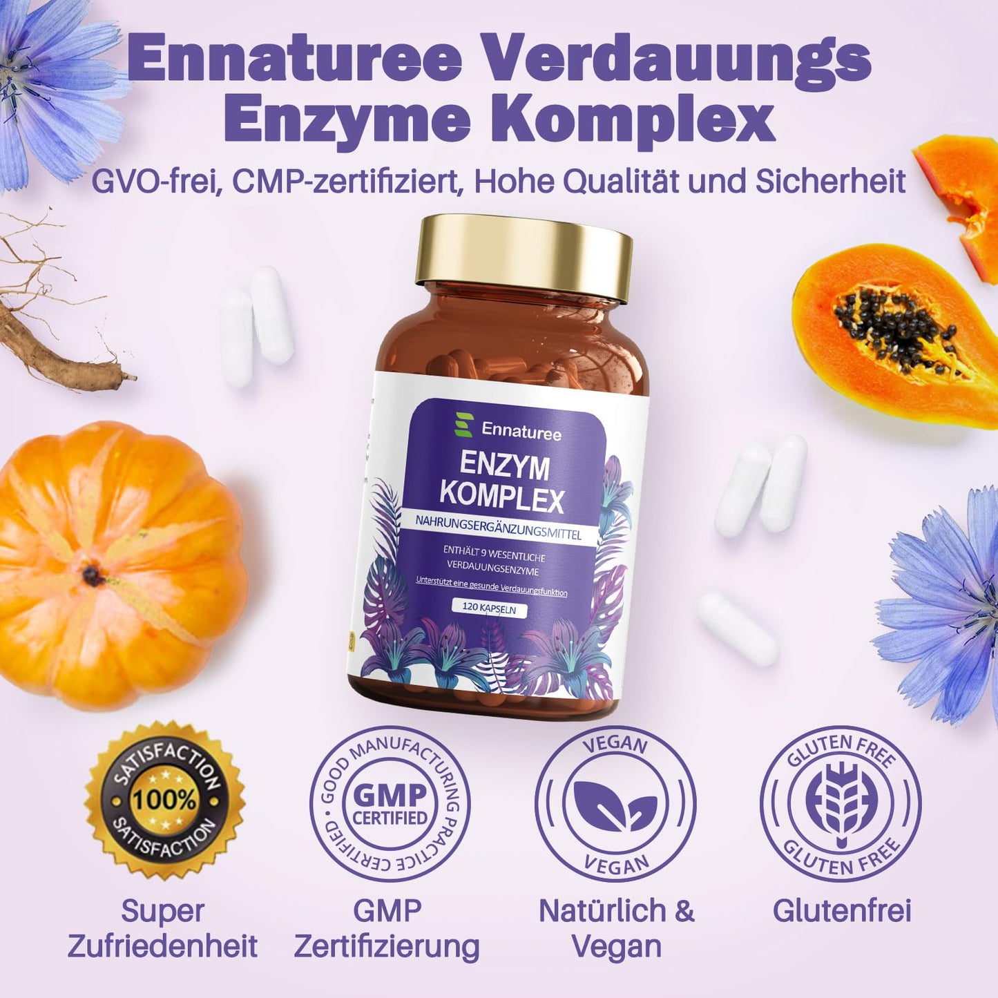 9 Verdauungsenzyme mit Bromelain, Papain, Amylase, Protease, Laktase, Lipase, Celulase, Glucoamylase, Maltase – Enzym Komplex mit Inulin für Verdauung und Immunsystem, 120 Vegane Kapseln
