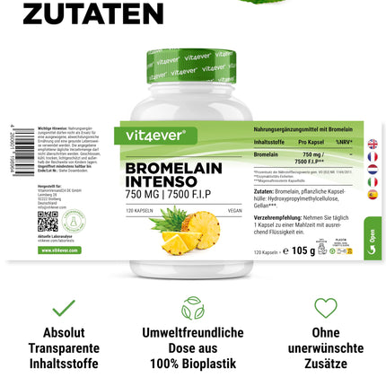 Bromelain Intenso - 750 mg (7500 FIP) - 120 gastro-resistant capsules - Extra high dosage - Natural pineapple extract - Vegan