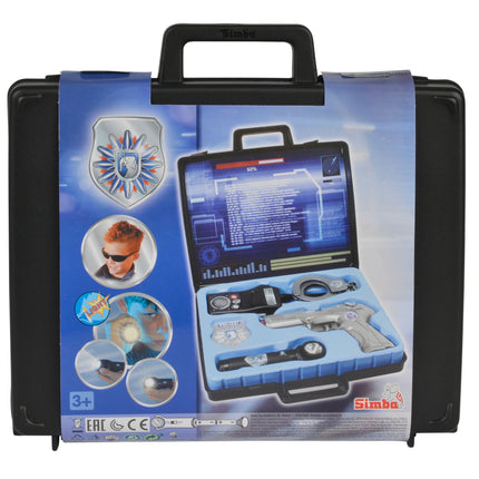 Simba 108108525 - Police Equipment in a Case, Carrying Case with Pistol, Handcuffs, Walkie-Talkie, Badge, Flashlight, 28x25x5cm, from 3 years, Grey