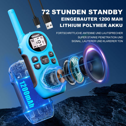 NXGKET Walkie Talkie Kids Adults Rechargeable, Walkie Talkie Set of 2 with Li-Ion Battery, Vox, 3km Range Radio Gift for Girls Boys 3-12 Years, Toy Walkie Talkie for Outdoors, Camping, Hiking
