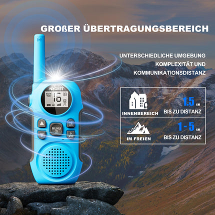 NXGKET Walkie Talkie Kids Adults Rechargeable, Walkie Talkie Set of 2 with Li-Ion Battery, Vox, 3km Range Radio Gift for Girls Boys 3-12 Years, Toy Walkie Talkie for Outdoors, Camping, Hiking