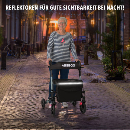 Arebos Lightweight Rollator Aluminum | Travel Rollator with 6-Way Height Adjustment | Foldable | Includes Cane Holder and Removable Shopping Bag | Walking Aid with Locking Function | Black