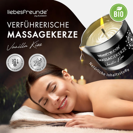 Liebesfreunde® Organic Massage Candle VANILLA KISS for sensual massages with coconut oil and aloe vera, erotic massage candle for couples, sex candle, 50 ml