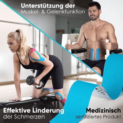 Health Press® Kinesiotapes - 2 Kinesiology Tape Rolls Blue + Black (5cm x 5m) Kinesiotape - Professional Physio Tape and Sports Tape - Skin-friendly Tapes DERMATEST: VERY GOOD