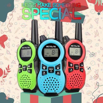 Retevis RT638 Walkie Talkie Set of 3, Children's Two-Way Radios, Long Range, Flashlight VOX 16 Channels, Toy Gifts for Birthdays, Easter, Family Games, Trips (Green, Red, Blue)