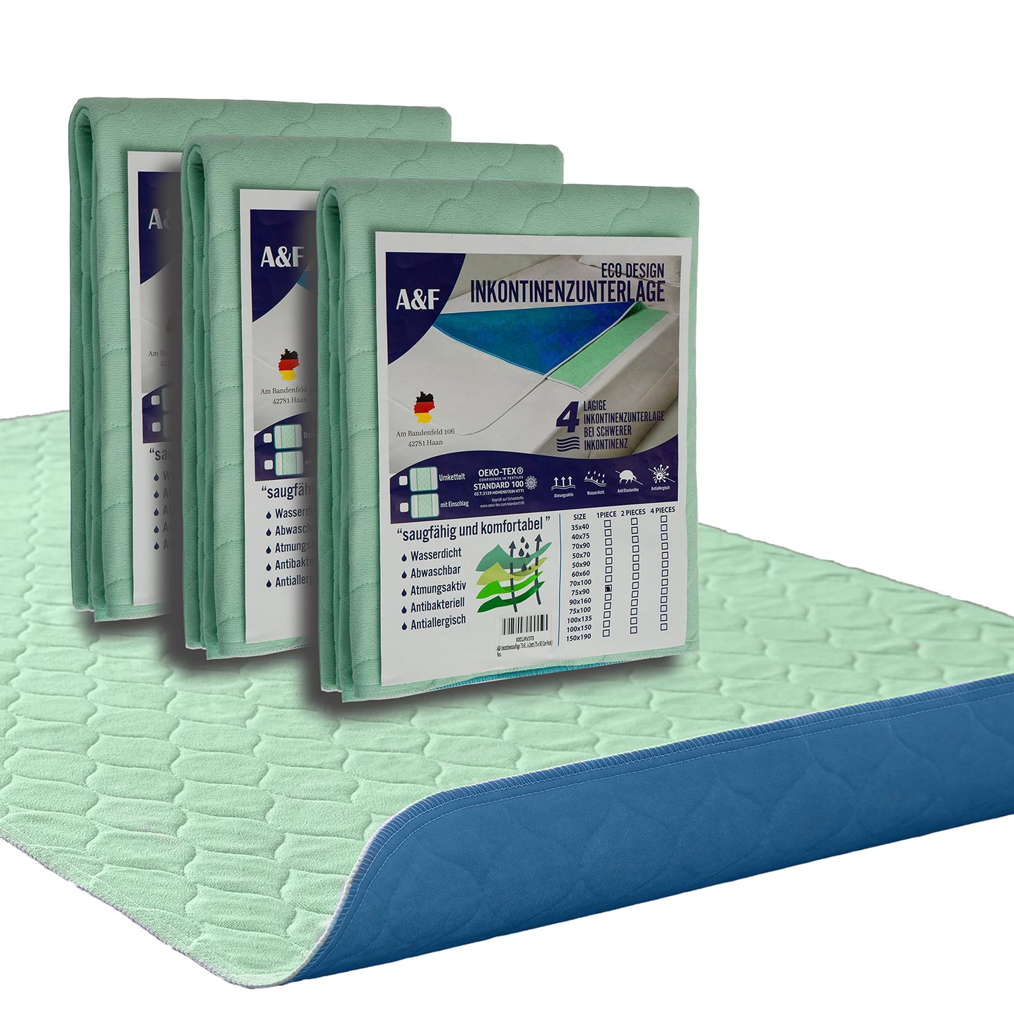 A&F Inkontinenzauflage 75x90 (3er Pack)-4 Schichten-Bis 26280ml/m² Saugkraft-Krankenunterlage waschbar-Inkontinenzunterlage waschbar-Matratzenauflage für Babybett und Kinderbett (75x90 (3 er ))