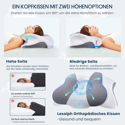 Orthopedic Pillow Neck Pillow Head Pillow Neck Pain Memory Foam Pillow for Neck and Shoulder Pain, Ergonomic Head Pillow for Side, Back & Stomach Sleepers, 64 x 39 x 14/10 cm
