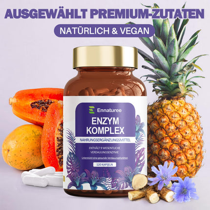 9 digestive enzymes with bromelain, papain, amylase, protease, lactase, lipase, celulase, glucoamylase, maltase – enzyme complex with inulin for digestion and immune system, 120 vegan capsules