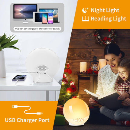 Daylight alarm clock light alarm clock wake up light sunrise sunset simulation alarm clock radio 7 nature sounds 2 alarms snooze 11 colored light 20 brightness bedside lamp adults (yellow)