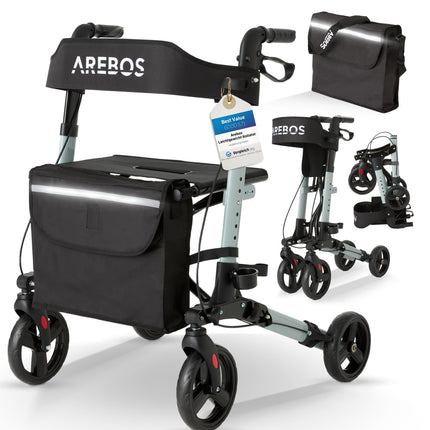 Arebos Lightweight Rollator Aluminum | Travel Rollator with 6-Way Height Adjustment | Foldable | Includes Cane Holder and Removable Shopping Bag | Walking Aid with Locking Function | Black