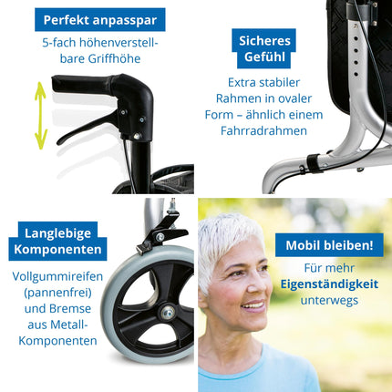 Weinberger aluminum rollator with 3 wheels, foldable, with removable bag, slim, lightweight and maneuverable, stable, only 4.2 kg, color: silver, model: 02217