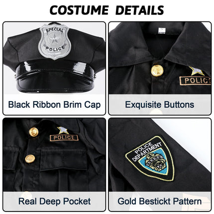 Police costume for children, carnival costumes for children, police uniform set, belt, hat, handcuffs, walkie-talkie for carnival, Halloween costume