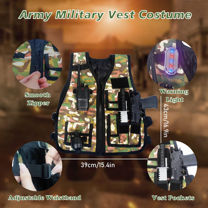 KalaDuck Military Costume Kids, 12 Pieces Military Equipment Toy with Airsoft Tactical Helmet, Military Vest, Walkie-Talkie, Role Play Halloween Army Soldier Camouflage Suit for Boys Girls