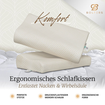 BOLTER'S ERGONOMIC Memory Foam Pillow – Orthopedic Pillow – Pressure-Relieving Memory Foam – 2 Heights 9 cm/11 cm – Breathable Cover – Optimal Support for Neck and Spine