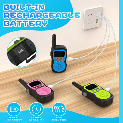 Walkie Talkie Kids Set of 3, Apkezel Walky Talky with 1000mAh Rechargeable Battery, Long Range 3km Walkie Talkie Radio Set with VOX Flashlight for Outdoors, Camping, Hiking