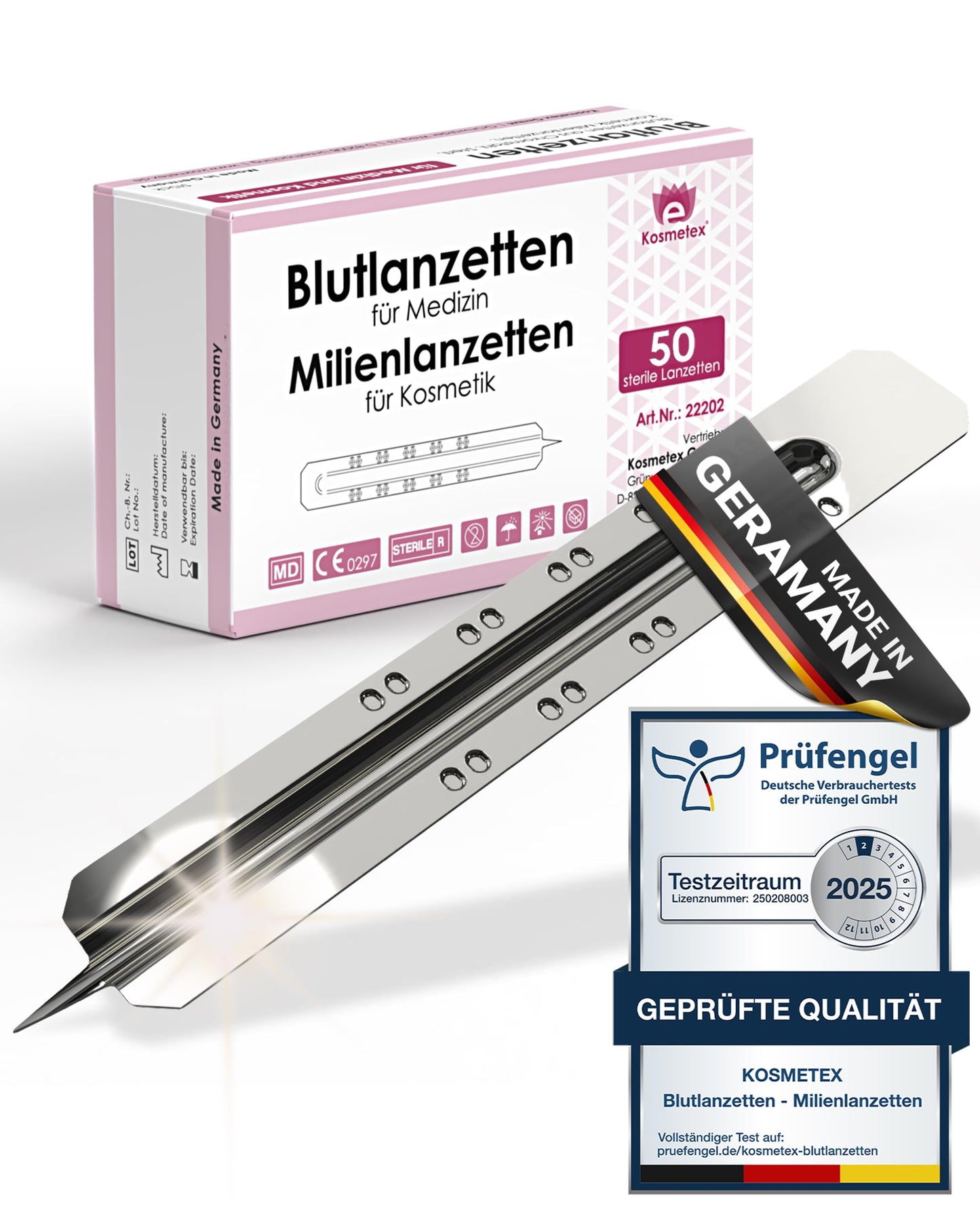 50x Einweglanzette, Kosmetex Milienlanzette, Blutlanzette, sterile Stainless Steel Lanzette