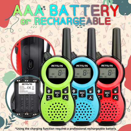 Retevis RT638 Walkie Talkie Set of 3, Children's Two-Way Radios, Long Range, Flashlight VOX 16 Channels, Toy Gifts for Birthdays, Easter, Family Games, Trips (Green, Red, Blue)