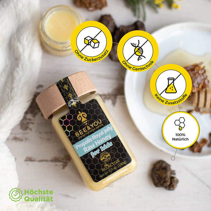 Bee&You Royal Jelly & Propolis in Honey for Children, 100% natural, no additives, raw honey, fair trade, natural & controlled ingredients, 33 awards, 12 certificates