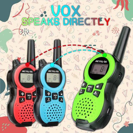 Retevis RT638 Walkie Talkie Set of 3, Children's Two-Way Radios, Long Range, Flashlight VOX 16 Channels, Toy Gifts for Birthdays, Easter, Family Games, Trips (Green, Red, Blue)