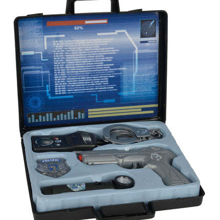 Simba 108108525 - Police Equipment in a Case, Carrying Case with Pistol, Handcuffs, Walkie-Talkie, Badge, Flashlight, 28x25x5cm, from 3 years, Grey