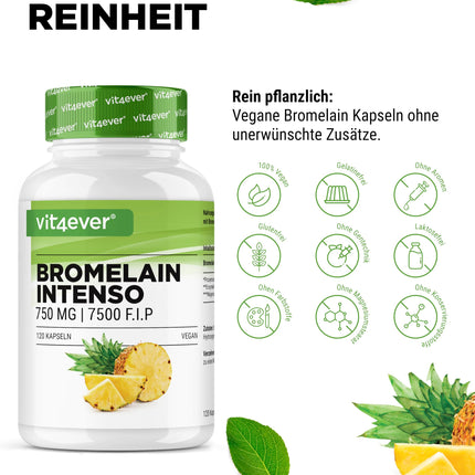 Bromelain Intenso - 750 mg (7500 FIP) - 120 gastro-resistant capsules - Extra high dosage - Natural pineapple extract - Vegan