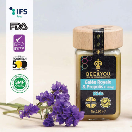 Bee&You Royal Jelly & Propolis in Honey for Children, 100% natural, no additives, raw honey, fair trade, natural & controlled ingredients, 33 awards, 12 certificates