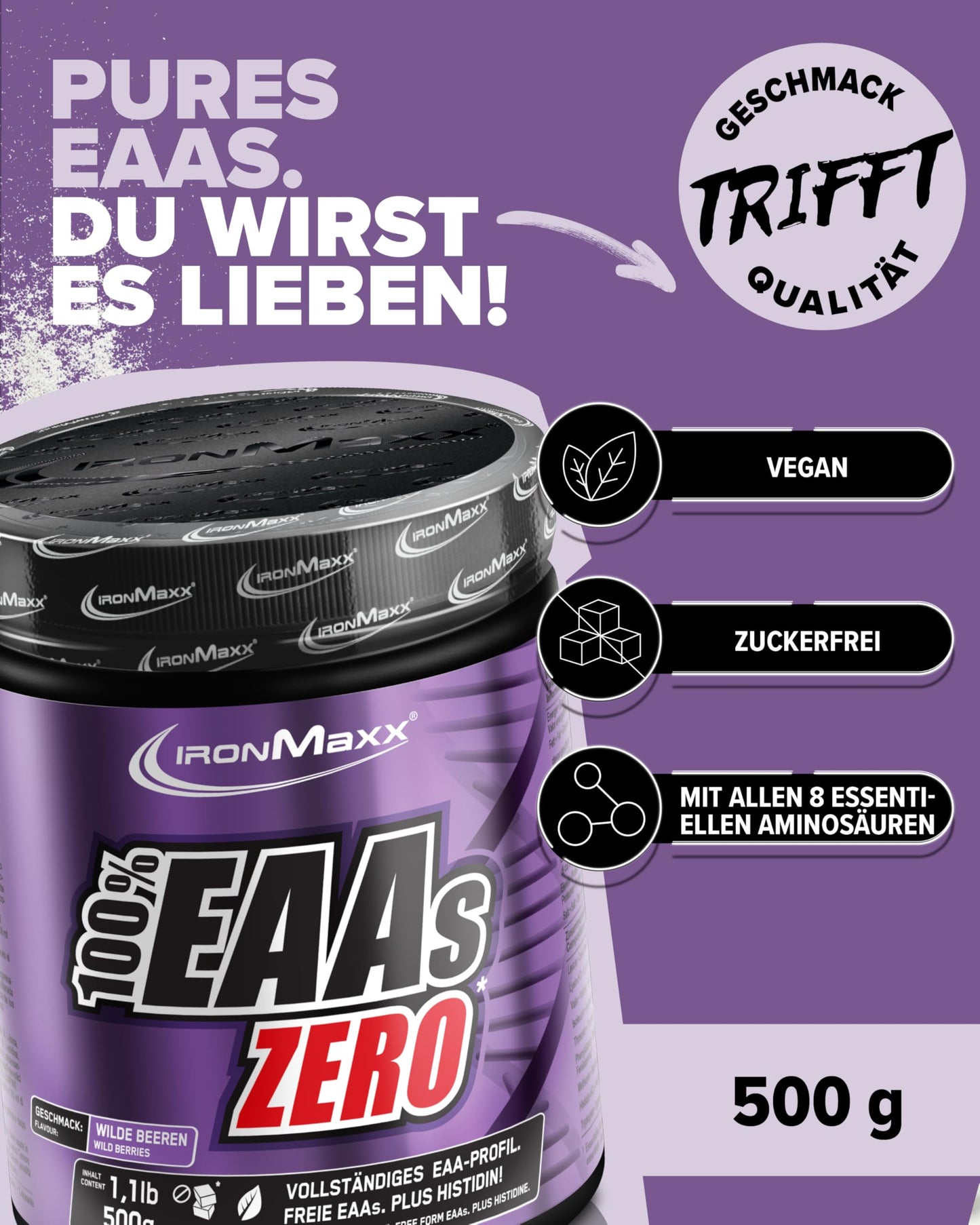 100% EAAs Zero Wildberry 500g - EAAs Pulver hochdosiert, Vegan und zuckerfrei, 8 essentielle Aminosäuren zur Ergänzung deiner Sporternährung