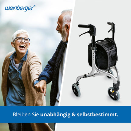 Weinberger aluminum rollator with 3 wheels, foldable, with removable bag, slim, lightweight and maneuverable, stable, only 4.2 kg, color: silver, model: 02217