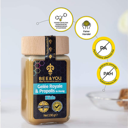 Bee&You Royal Jelly & Propolis in Honey for Children, 100% natural, no additives, raw honey, fair trade, natural & controlled ingredients, 33 awards, 12 certificates
