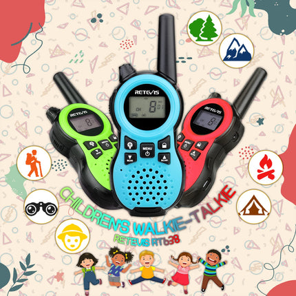Retevis RT638 Walkie Talkie Set of 3, Children's Two-Way Radios, Long Range, Flashlight VOX 16 Channels, Toy Gifts for Birthdays, Easter, Family Games, Trips (Green, Red, Blue)