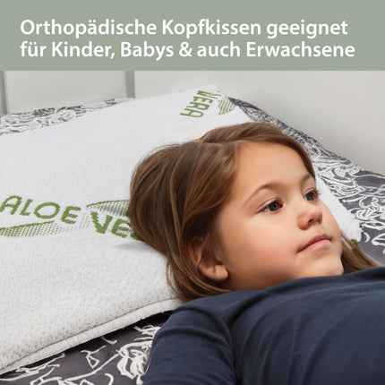 MaxxGoods orthopedic flat pillow made of Visco gel foam + incl. cotton cover + aloe vera protective cover - neck support pillow for cervical spine support - pillow for babies & children (50x30x5cm)