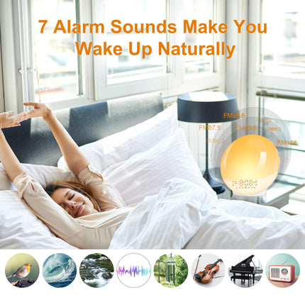 Daylight alarm clock light alarm clock wake up light sunrise sunset simulation alarm clock radio 7 nature sounds 2 alarms snooze 11 colored light 20 brightness bedside lamp adults (yellow)
